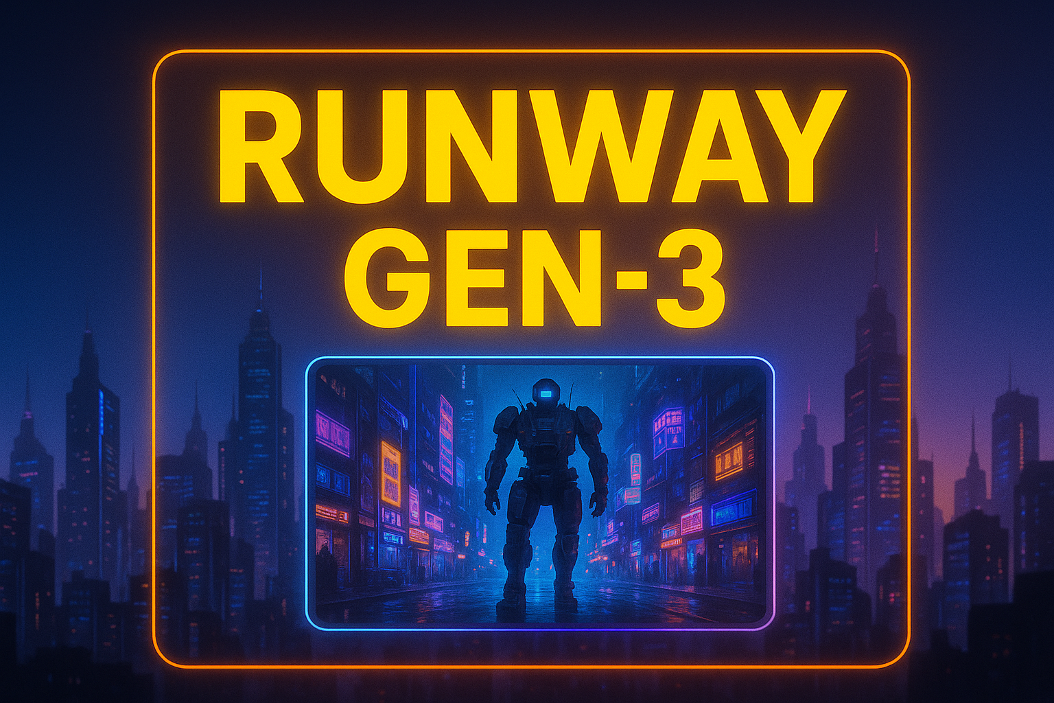 Thumbnail điện ảnh với thành phố tương lai, ánh sáng neon và chữ Runway Gen-3 nổi bật.