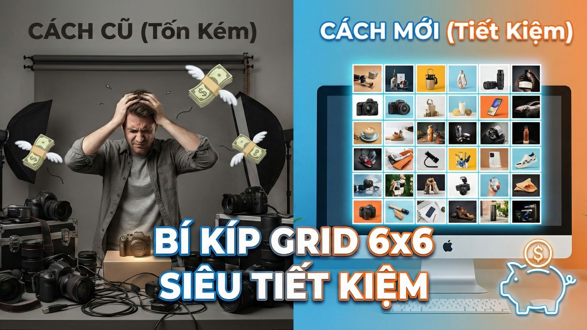 Infographic so sánh sự khác biệt chi phí giữa chụp ảnh studio truyền thống và sử dụng công nghệ AI Grid 6x6 trên Nano Banana Pro để tiết kiệm ngân sách.
