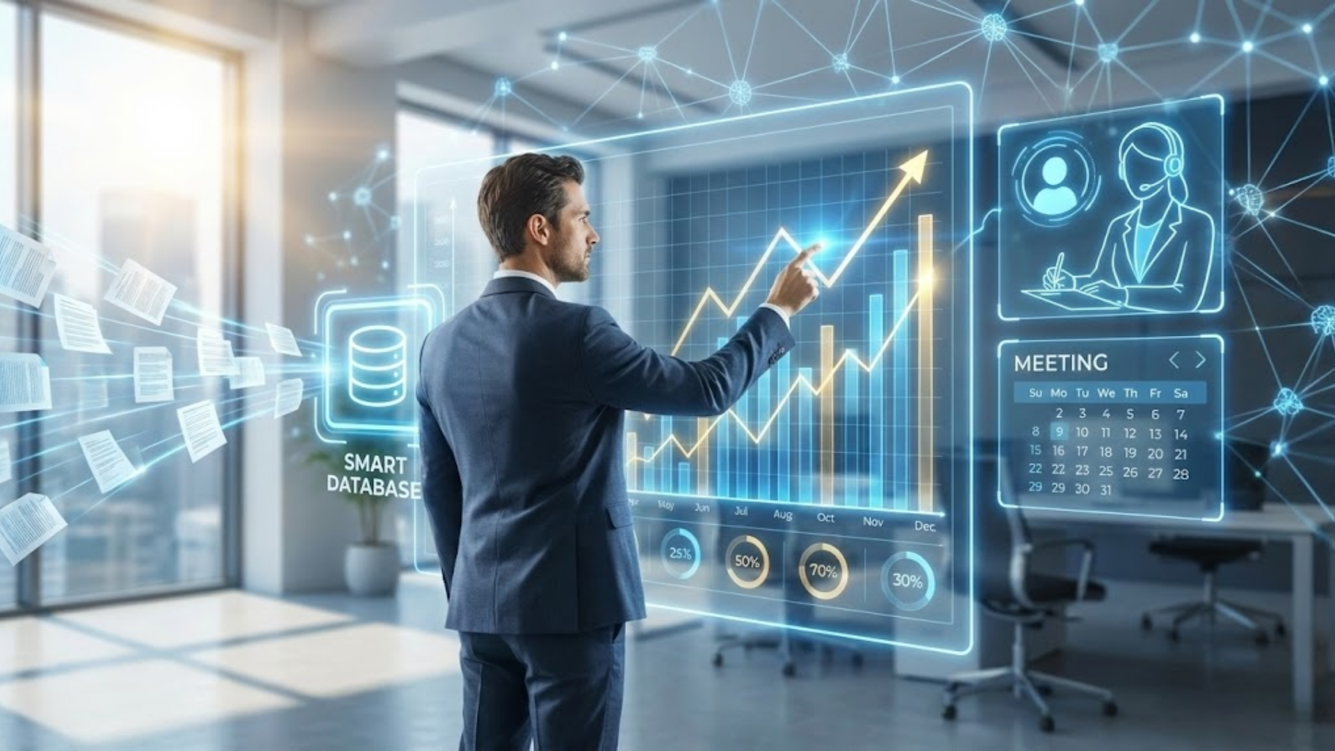 minh họa văn phòng tương lai năm 2025 ứng dụng AI tự động hóa để bứt phá năng suất.